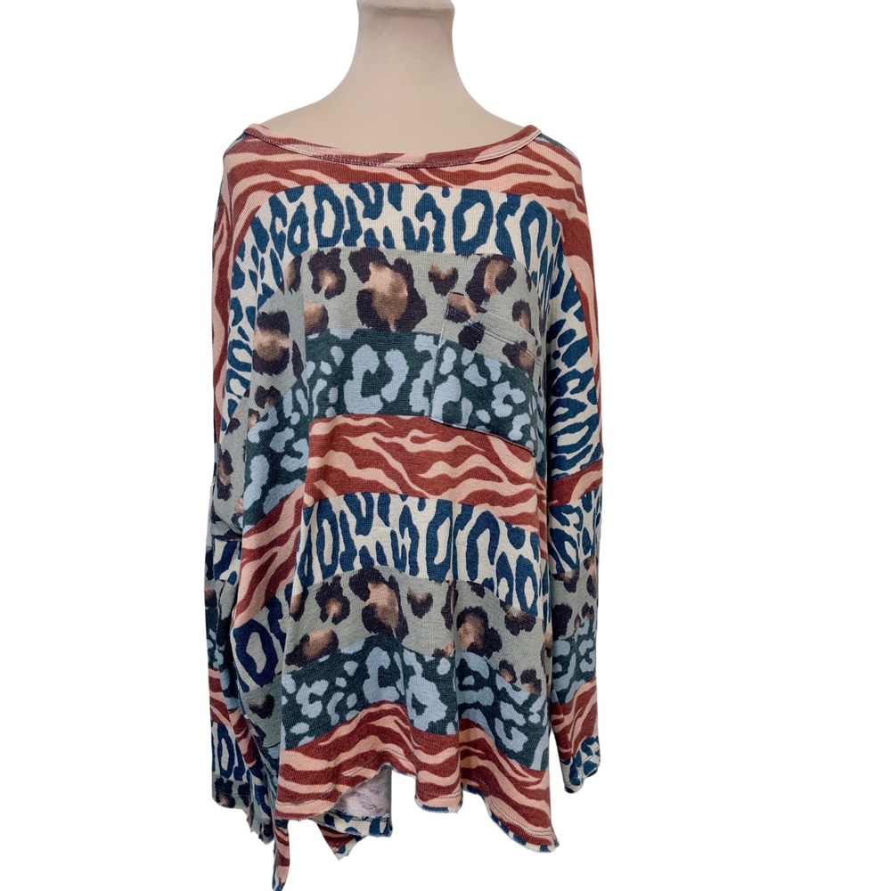 Entro Womens Mixed Animal Print Long Sleeve Oversized Top Multicolor Boho Artsy